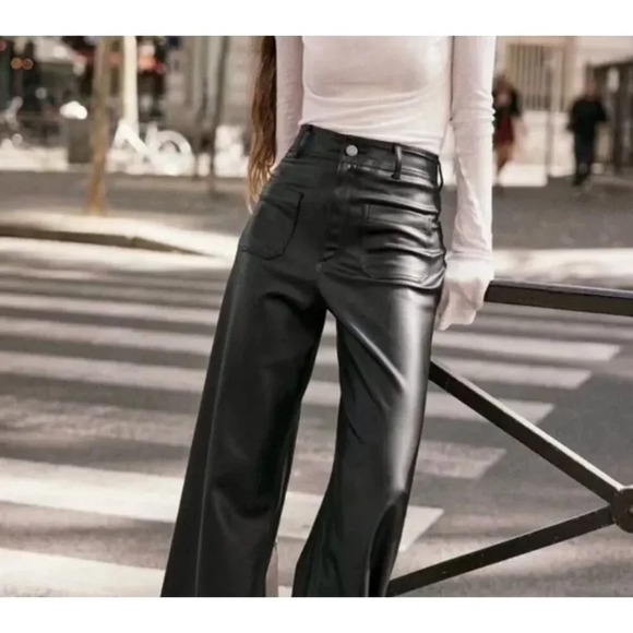Zara Womens Bloggers Favorite Faux Leather Marine Straight Cut Pants Black Sz 6 - Picture 1 of 11